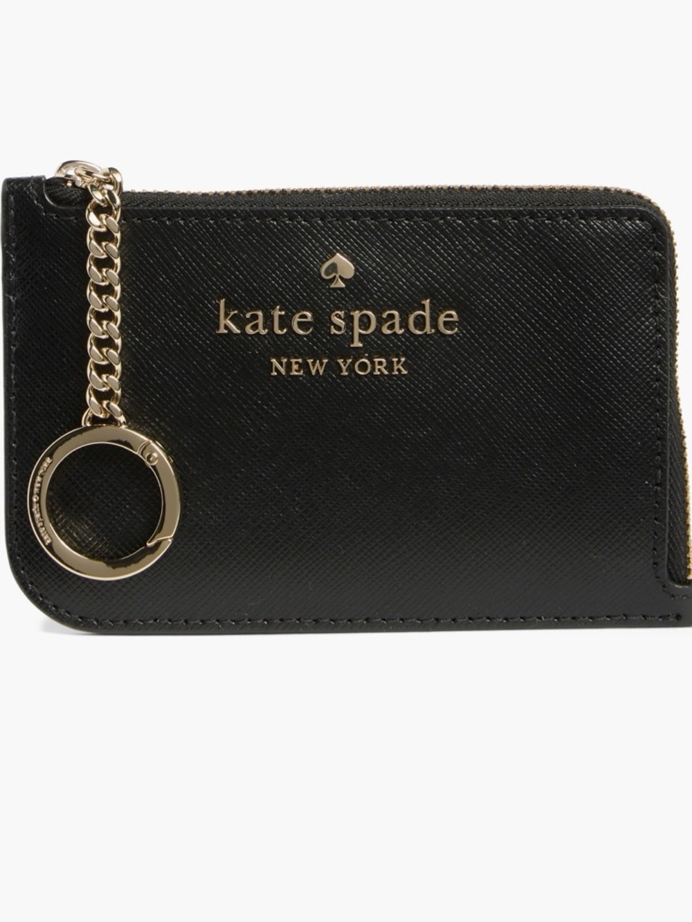 kate spade Black Saffiano Leather Zip Card Holder with Gold Key Ring
